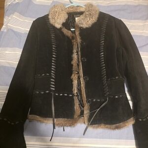 Bebe Black Leather And Rabbit Fur Trim Jacket